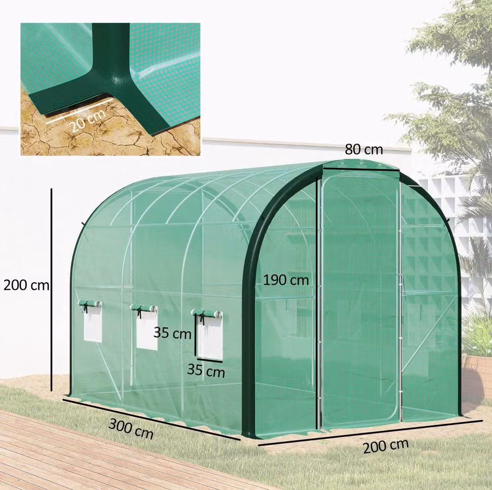 STILVORA Green Walk-In Greenhouse with Hinged Doors and Mesh Windows, W: 3 m, D: 2 m, H: 2 m – 4
