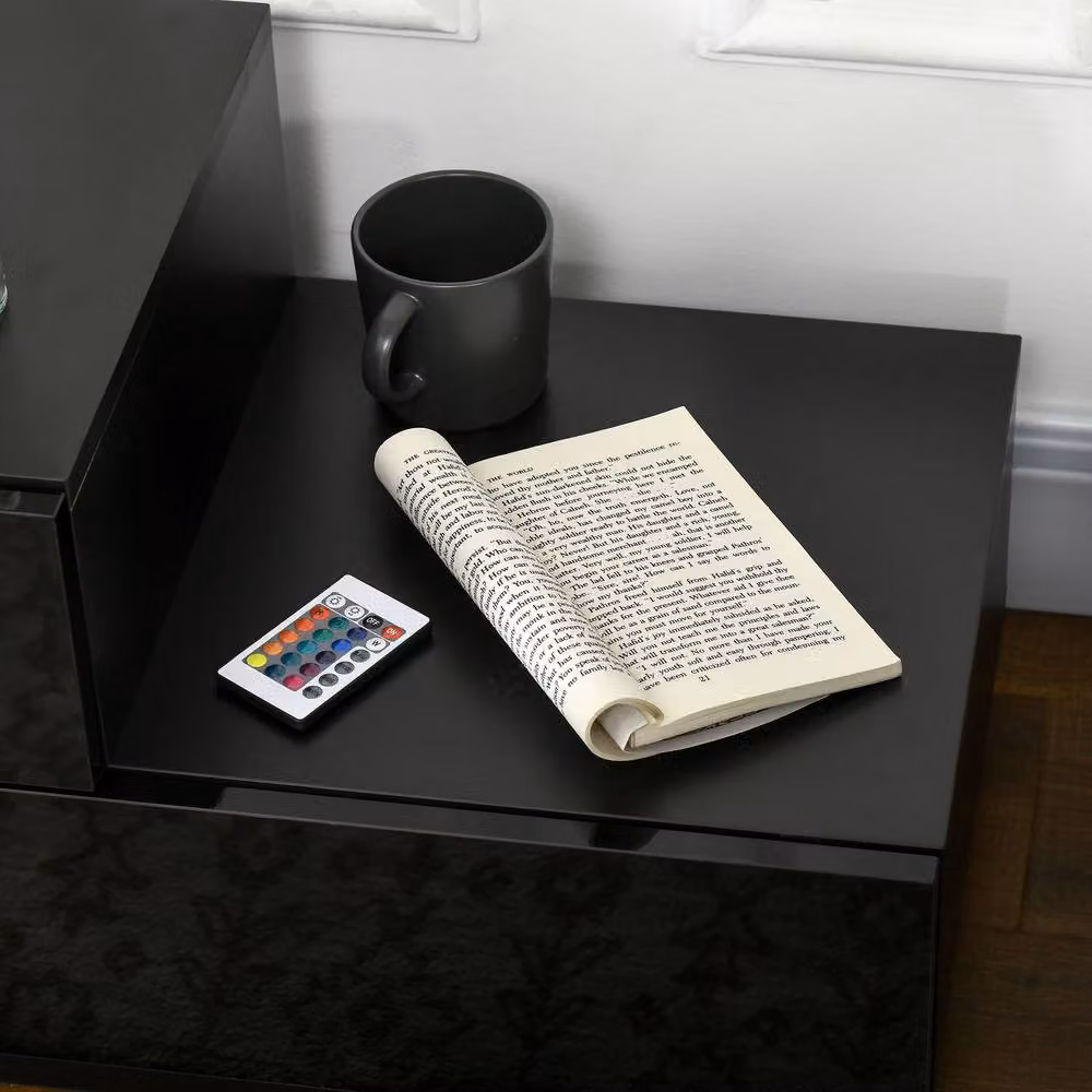 STILVORA Black Glossy Bedside Table with 2 Drawers and Integrated LED Lighting – 8
