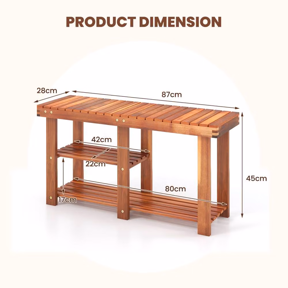 Costway 3-Tier Acacia Wood Shoe Rack Bench in Brown, W/D/H: 87 x 28 x 45 cm – 2