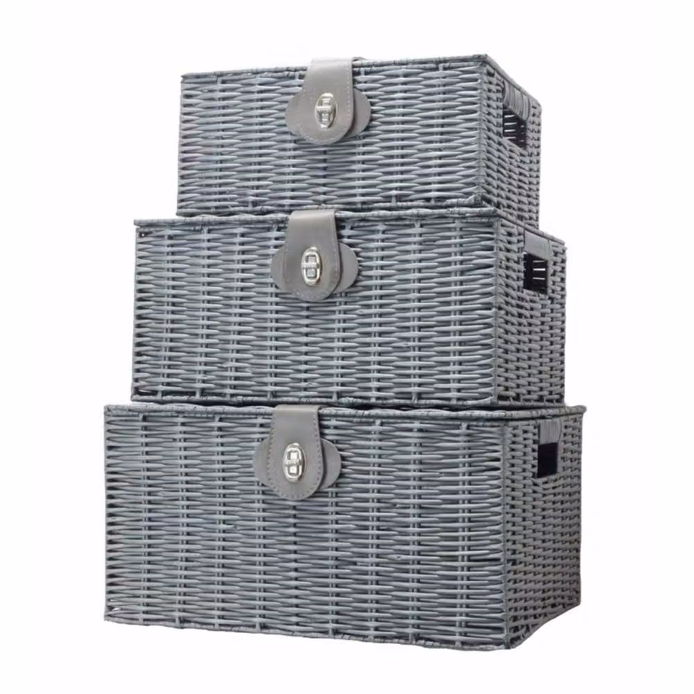 FLAVORA Set of 3 Grey Resin Wicker Woven Storage Baskets with Handles – 2