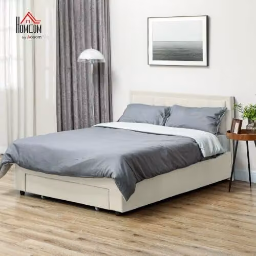 HOMCOM Upholstered Double Ottoman Bed with Lift-Up Storage in White and Beige, W: 140 cm x D: 190 cm – 2