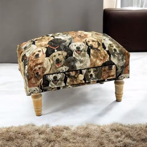 AcaciaHome Deluxe Upholstered Ottoman Footstool with Drawer in Dog Art Fabric Multicolour – 7
