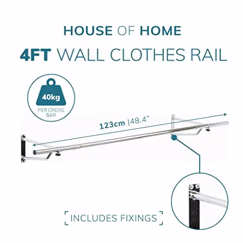 Direct Online Houseware Heavy Duty Wall Mounted Metal Clothes Rail in Silver, Width: 121.92 cm – 3