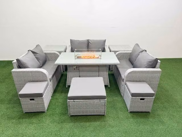 Fimous 9 Seater PE Wicker Rattan Garden Furniture Set in Light Grey with Firepit Dining Table, 2 Seater Love Sofa, 3 Stools and 2 Side Tables