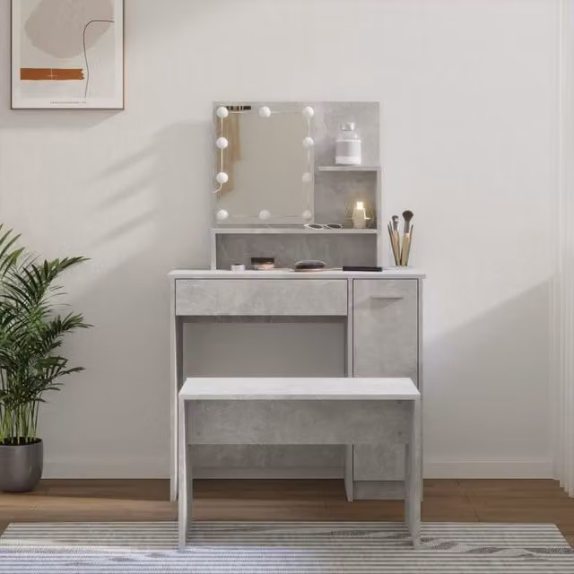 Berkfield Home Modern Dressing Table Set with Hollywood LED Mirror in Grey MDF