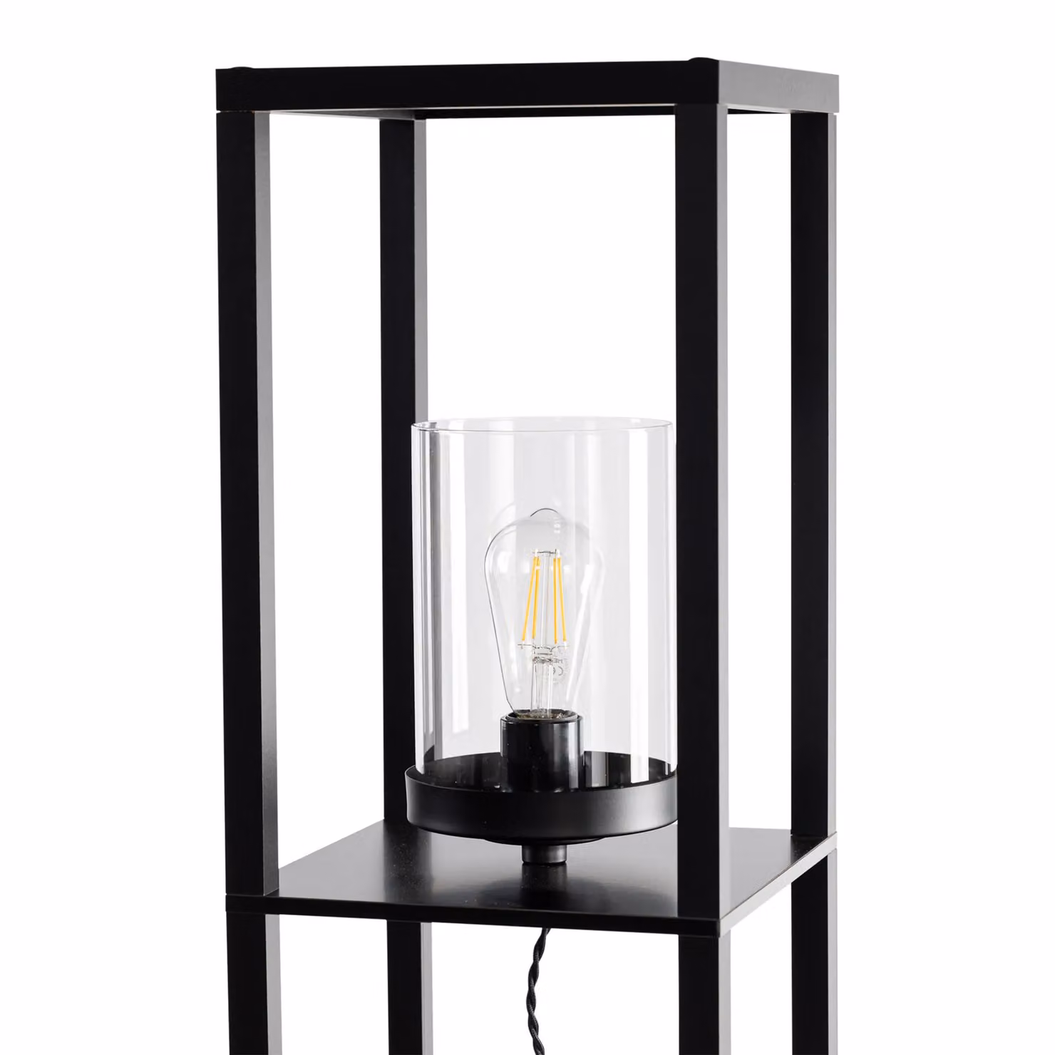 First Choice Lighting Giles Shelved Unit Floor Lamp with Black Wood and Transparent Glass Shade, H 160.5 cm x W 26 cm x D 26 cm – 2