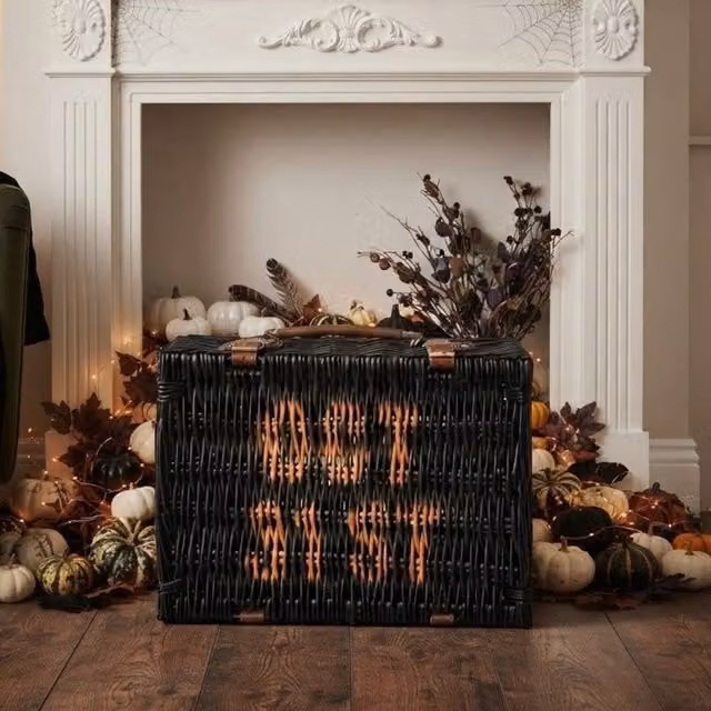 Garden Greatness Willow Harvest Oct 31st Halloween Basket in Black, Rectangular Rattan Wood Tabletop Design, W/D/H: 36.0 x 26.0 x 17.0 cm
