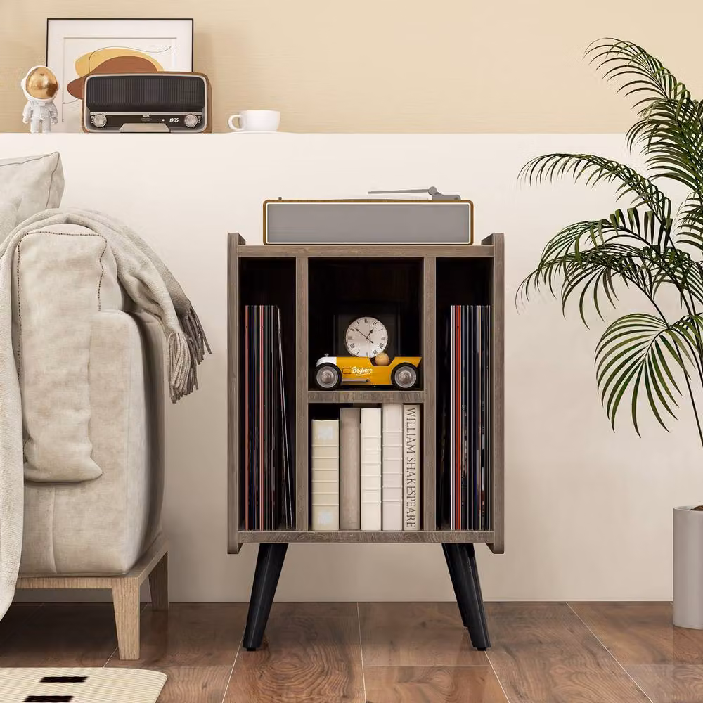 Costway Record Player Stand and Vinyl Record Storage Side Table with Power Outlet in Grey – 4