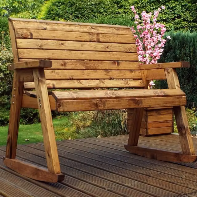 Charles Taylor Two Seat Rocker Bench in Redwood Brown and Orange Rustic Wood