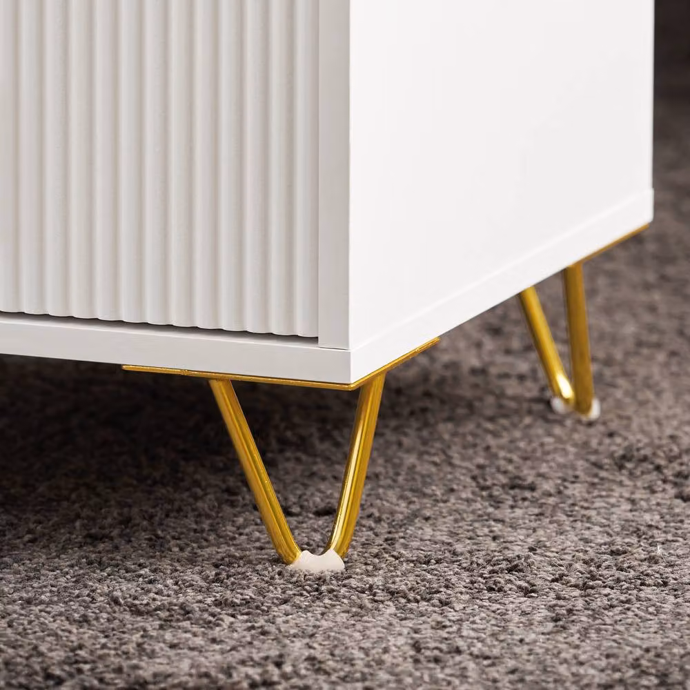 SoBuy Set of 2 White Bedside Tables with 3 Drawers, Ribbed Front and Gold Legs, Height: 63 cm – 2
