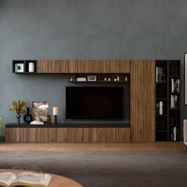 Decorotika Chantilly Wall Mounted Entertainment Center in Black and Alina Pattern with Glossy Geometric Design