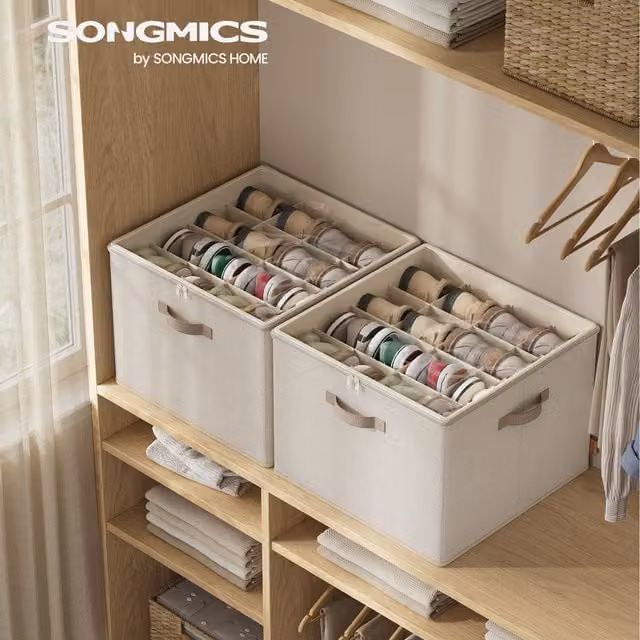 SONGMICS Stackable Fabric and Plastic Storage Box with Lid and Handles, Beige and White
