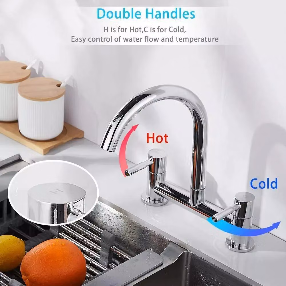 Hinsinc Dual Lever 2 Hole Deck Mounted Kitchen Sink Mixer Tap in Chrome Silver – 4