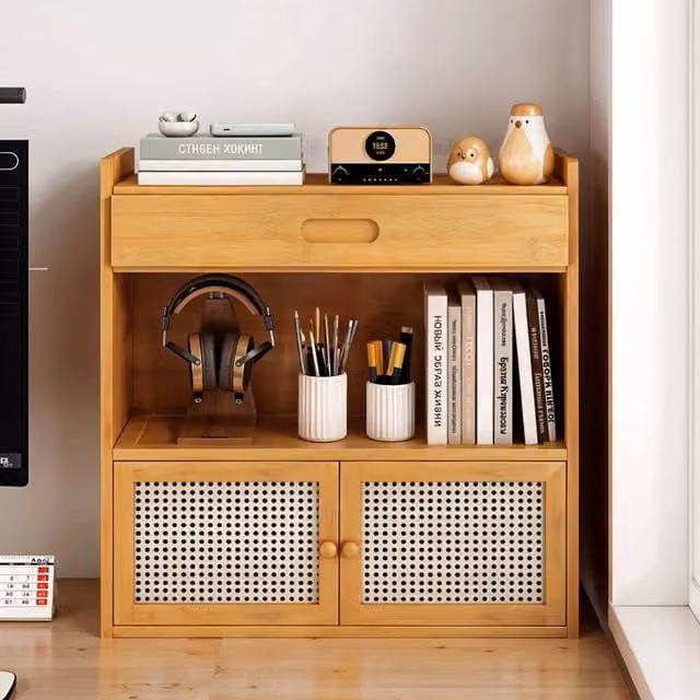 EONLION Bamboo and Rattan Desktop Storage Cabinet in Brown, Width: 100 cm