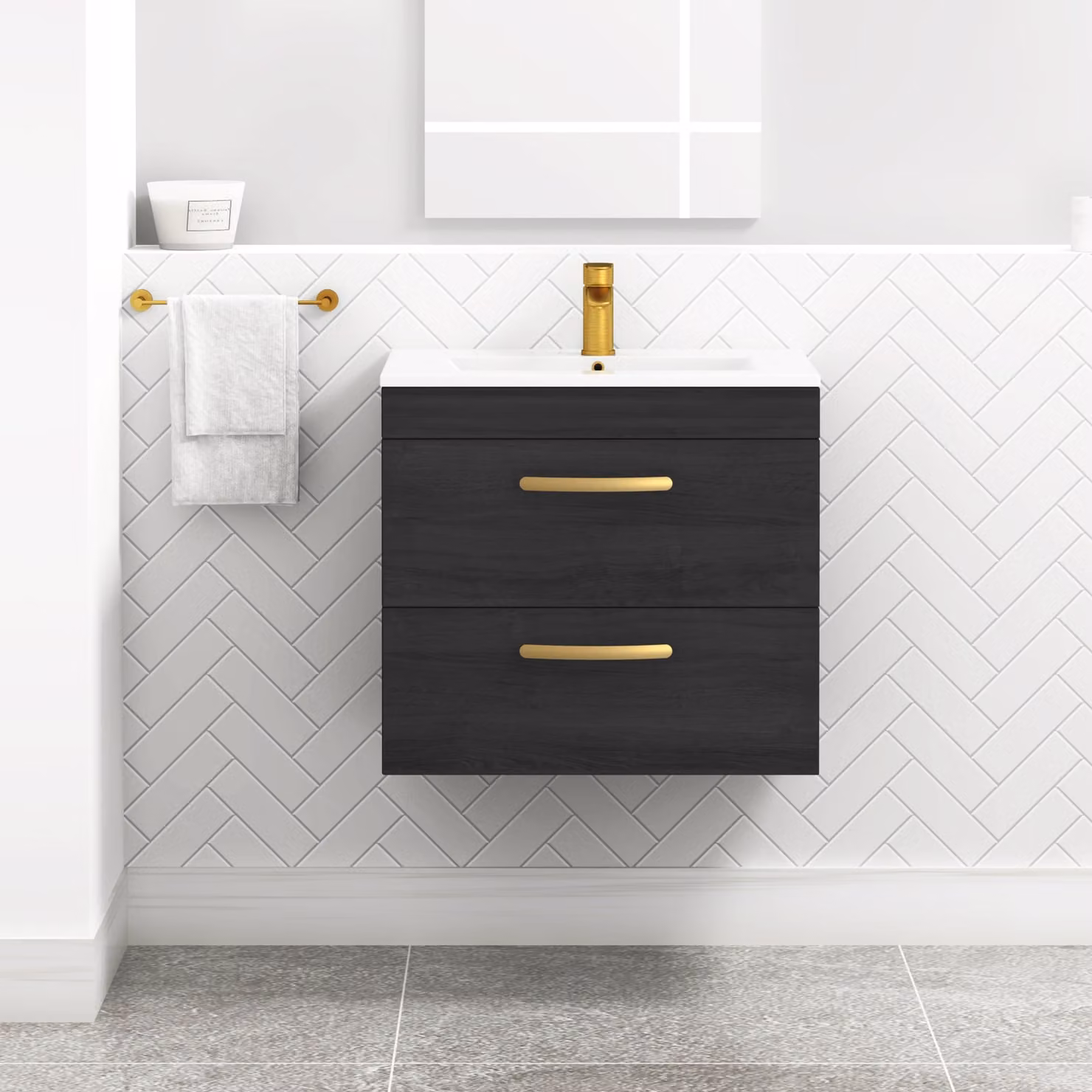 Royal Bathrooms Turin 600mm Wall Hung Vanity Unit in Hale Black with 2 Drawers and Brushed Brass Handles