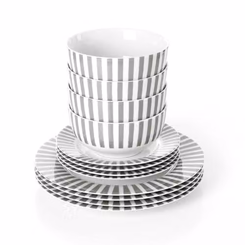 Waterside 12-Piece Grey Striped Porcelain Dinner Set
