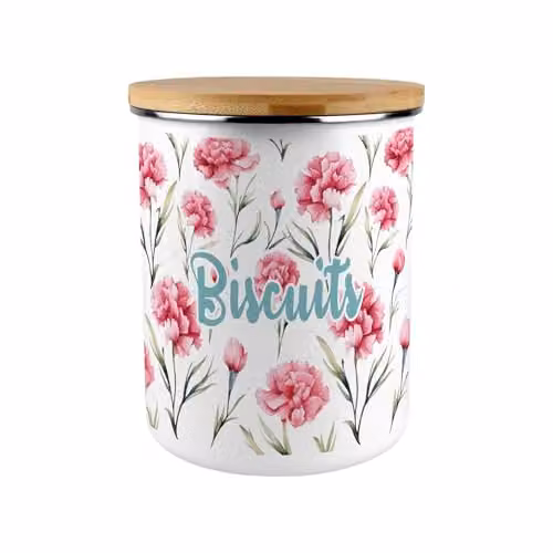 Purely Home Pink Carnations Floral Enamel Biscuit Storage Canister with Bamboo Lid, 2.7L