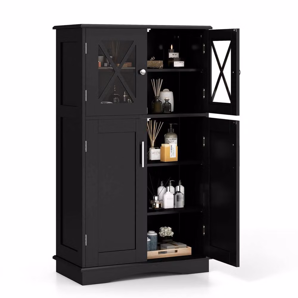 Costway Freestanding Black Bathroom Storage Cabinet with Glass Doors and Internal Shelves – 7