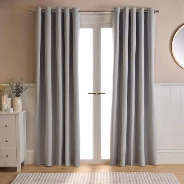 OHS Woven Texture Pair of Silver Blackout Eyelet Curtains, Width: 229 cm, Drop: 229 cm – 1