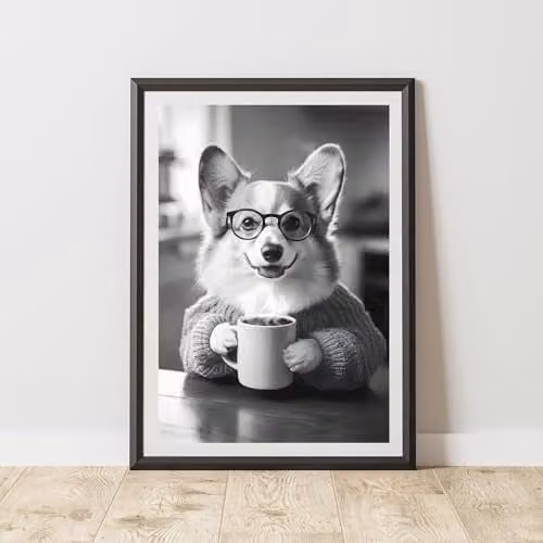 60 Second Makeover Funny Corgi Drinking Coffee Paper Poster, A4, Multicolour and Grey