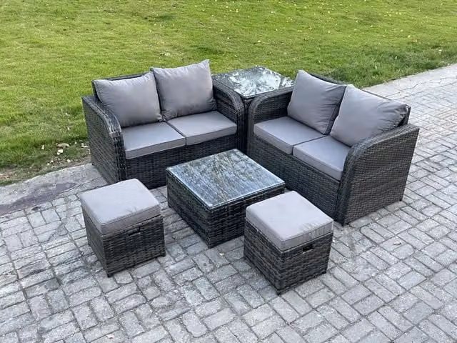 Fimous Rattan Outdoor Garden Furniture Set in Dark Grey with 2 Seater Sofa, Coffee Table and Ottomans