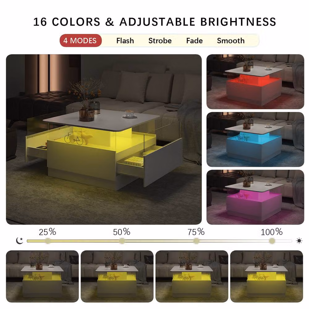 KEEPREAPER Modern White Glossy Coffee Table with 2 Drawers and LED Light – 3