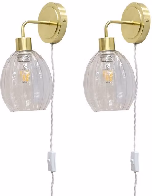 First Choice Lighting Toby Set of 2 Plug in Wall Lights in Gold and Brass with Transparent Glass Shades
