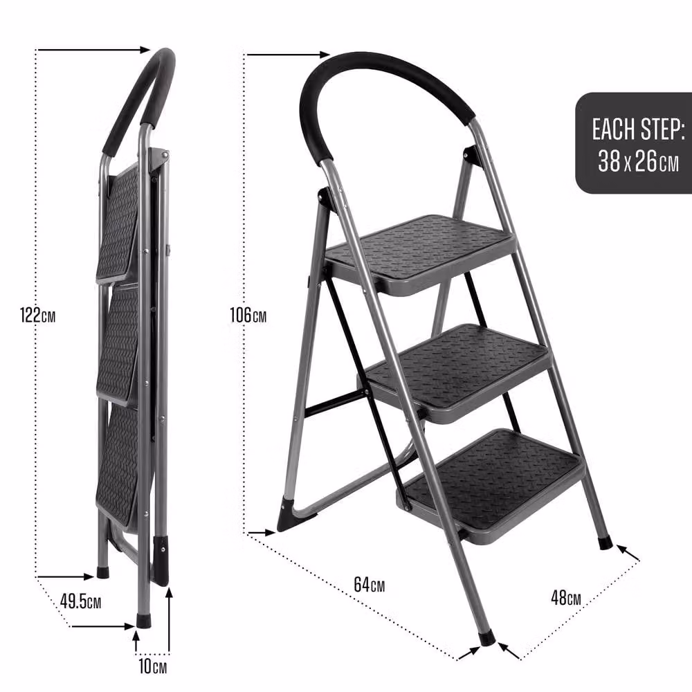 Futura 3 Step Ladder Premium Grey, Heavy-Duty Steel Folding Step Stool with Rubber Feet – 7