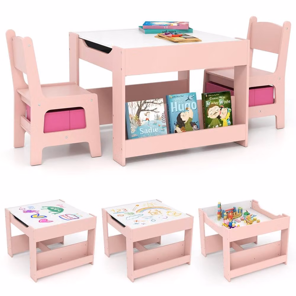 Costway 4 in 1 Kids Study Table and 2 Chairs Set in Pink – 2