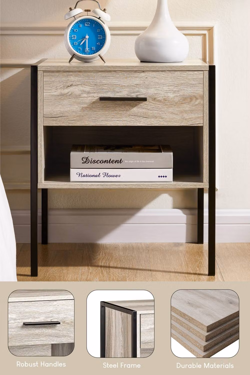 HD Designs Brooklyn 1 Drawer Bedside Cabinet in Grey Industrial Wood and Metal Style – 6