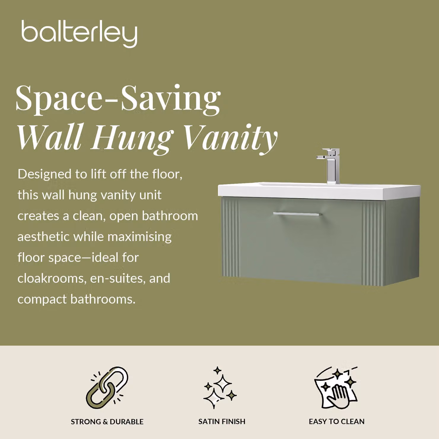 Balterley Wall Hung 1 Drawer Vanity Unit with Mid-Edge Basin, Satin Green, W: 80 cm – 2