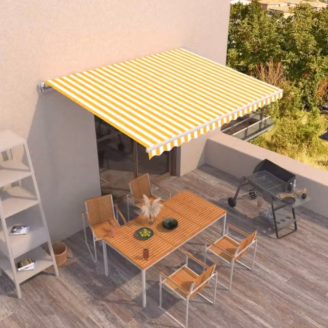 Berkfield Home Manual Retractable Folding Arm Awning in Yellow and White Striped Polyester with Aluminium Frame, W/D/H: 400 x 350 cm