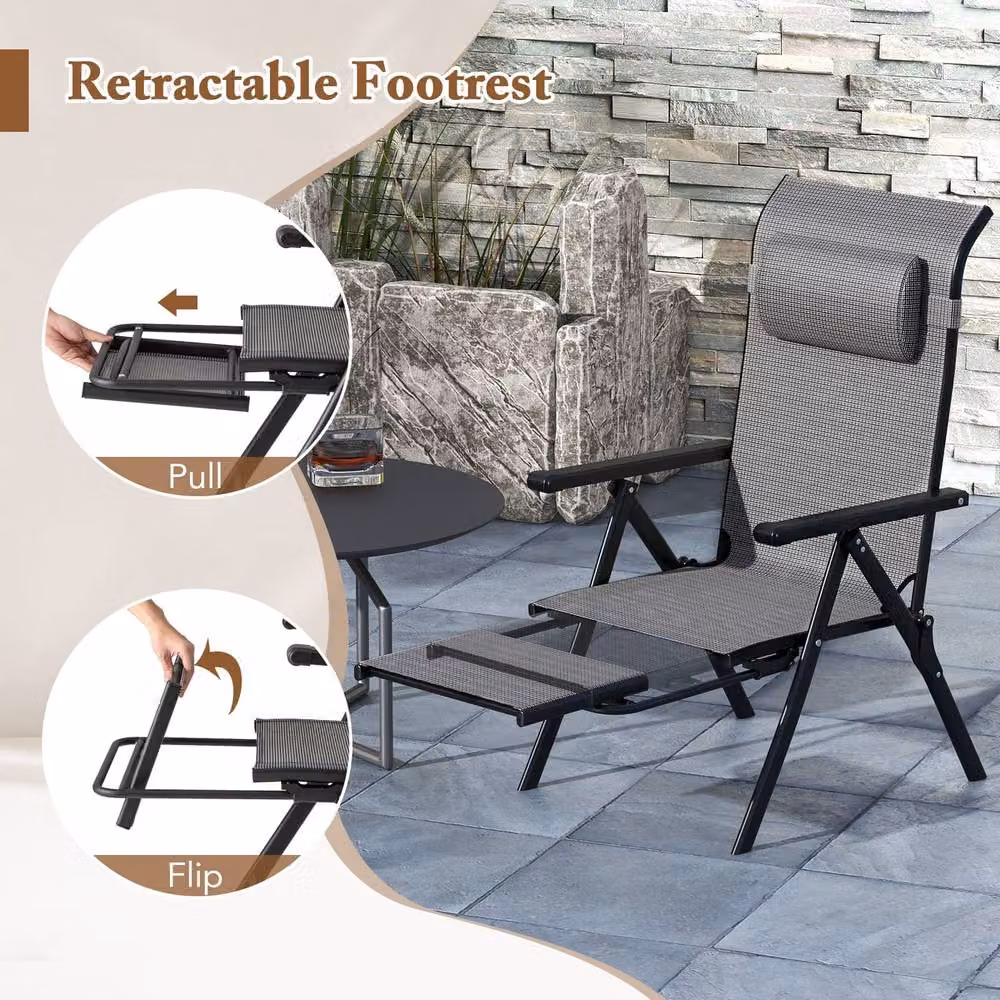 Costway Grey Folding Patio Lounge Chair with 10-Level Adjustable Backrest and Armrests – 4