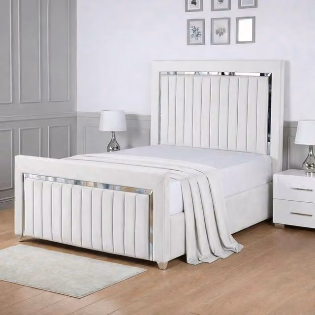 Living Comfort Bedz Chrome Edge Upholstered Slatted Base Bed with 48 Inch Headboard in White Velvet, Size: Super King, W/D/H: 200 x 200 cm