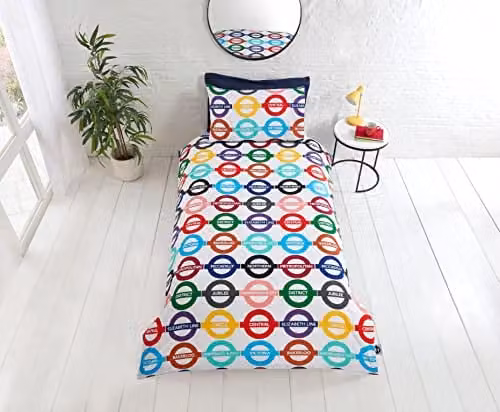 Rapport Home London Underground Reversible Polycotton Duvet Cover and Pillowcase Set, Multicolour and White, W/D/H: 135 x 200 cm