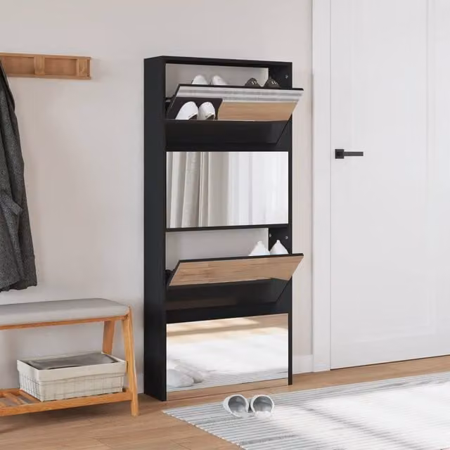 Berkfield Home 4-Layer Modern Shoe Cabinet with Mirror in Black, W/D/H: 63 x 17 x 134 cm