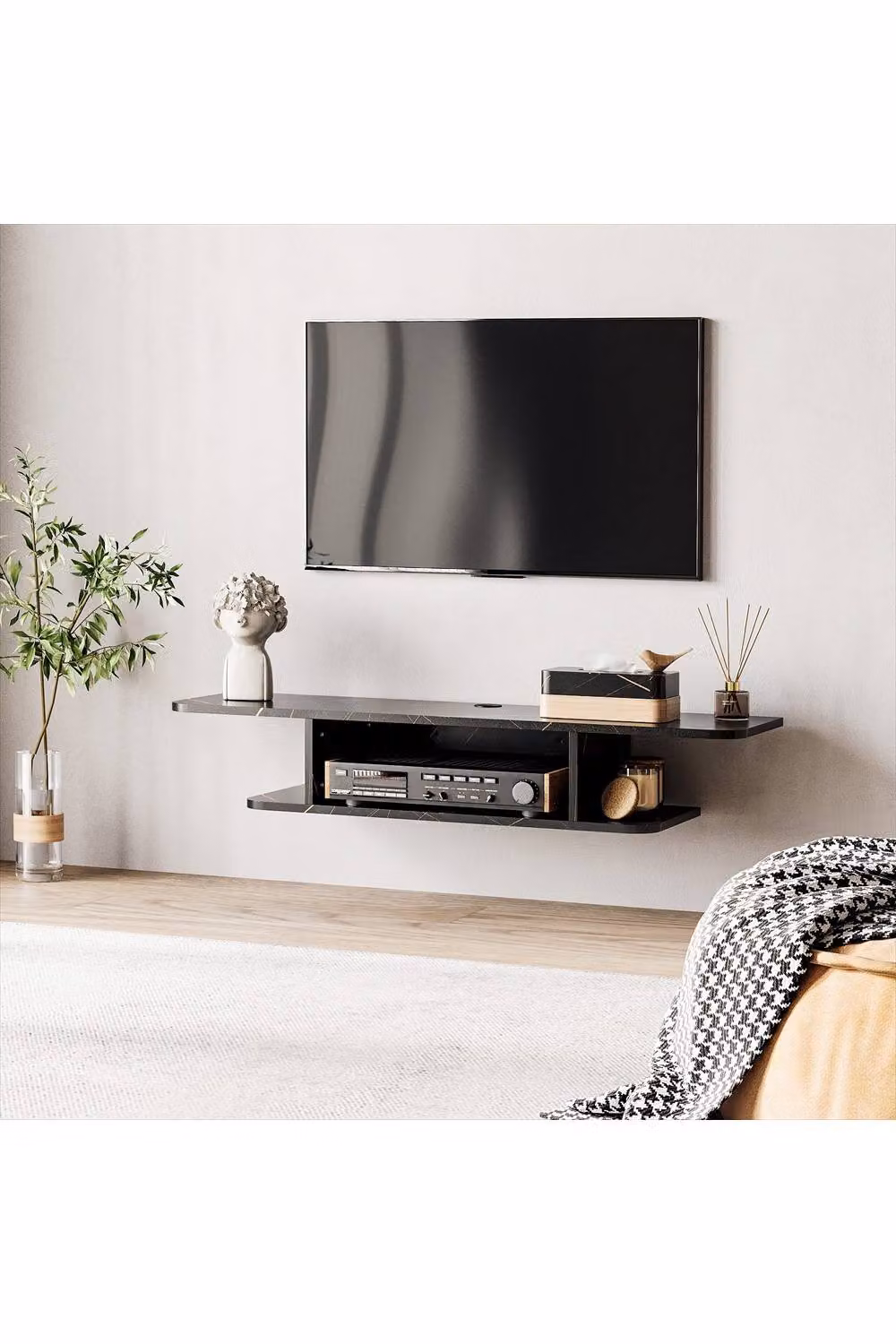 ERGOVEXA Modern Wall Mounted Floating TV Unit in Black Wood, W: 105.0 cm, D: 30.0 cm, H: 18.0 cm – 3