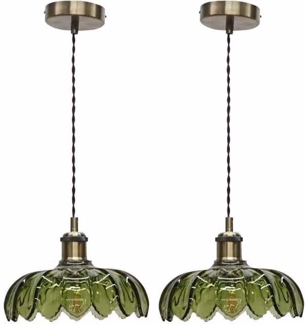 First Choice Lighting Alice Set of 2 Green Leaf Pendant Shades with Antique Brass Flex Set