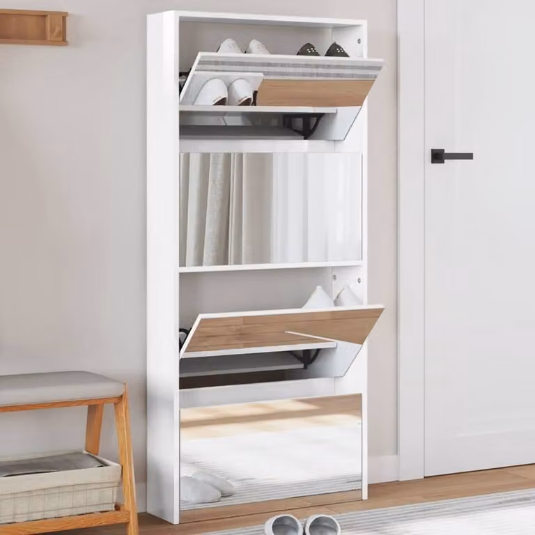 Berkfield Home 4-Layer High Gloss White Shoe Cabinet with Mirror, W: 63 cm, D: 17 cm, H: 134 cm