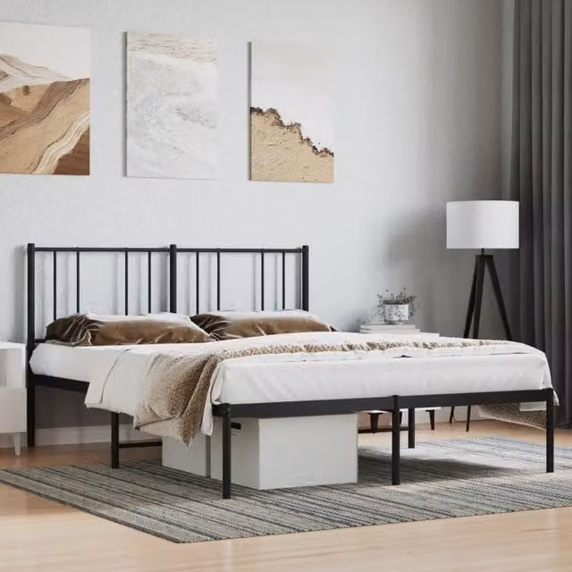 Berkfield Home Metal Bed Frame with Headboard in Black, W/D/H: 135 x 190 cm