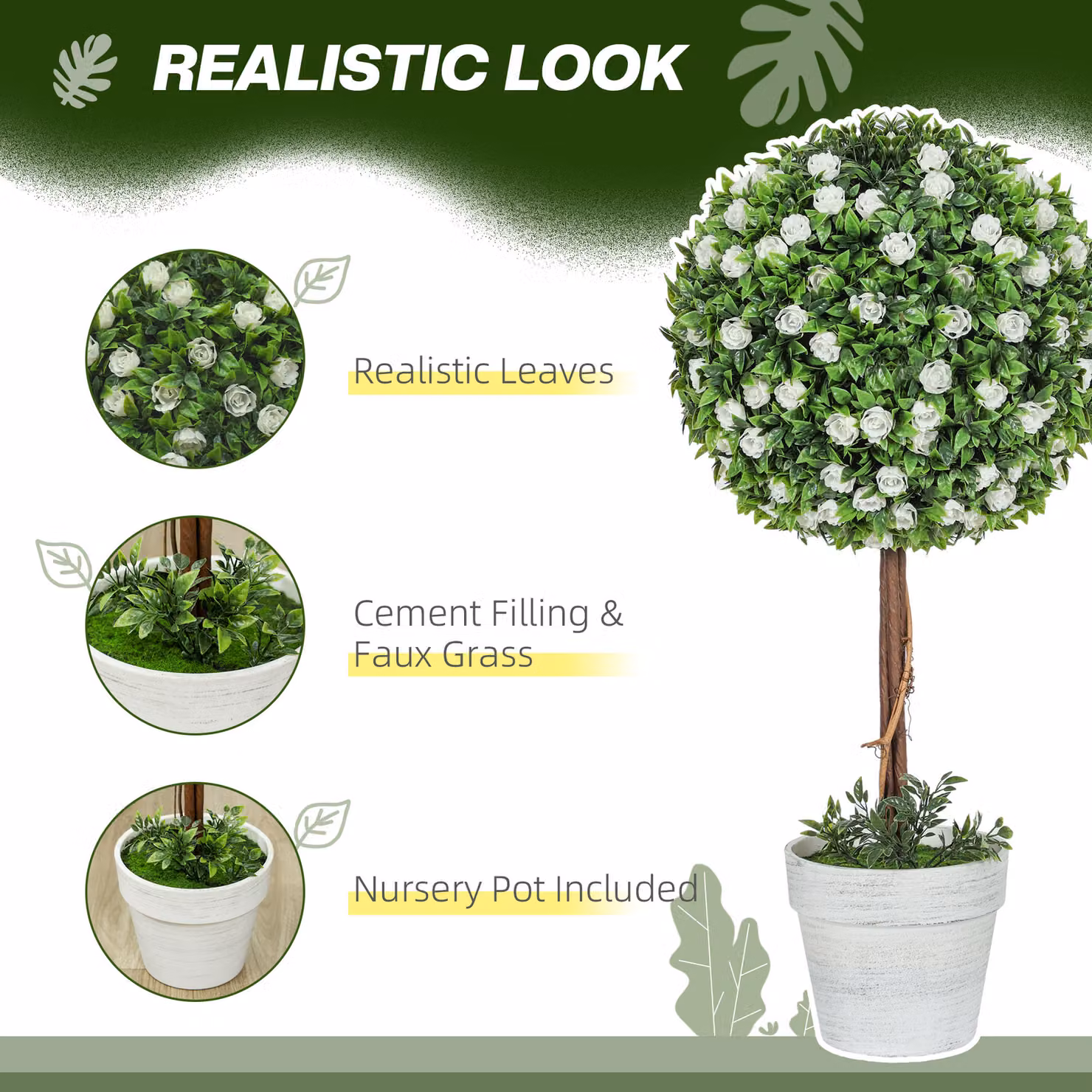 HOMCOM Set of 2 White Artificial Rose Ball Topiary Trees for Indoor and Outdoor Decor, Height: 60 cm – 4