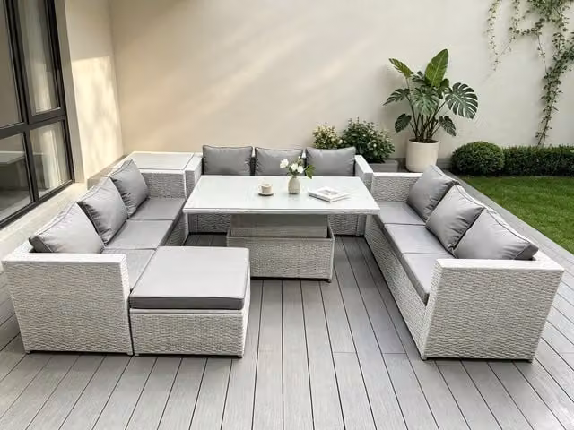 Fimous U-Shape Rattan Garden Furniture Set in Light Grey with Adjustable Lifting Table, 3-Seater Sofa, Coffee Table and Ottoman