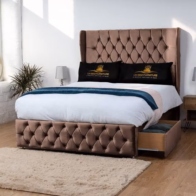 UK Bed Furniture Luxor Wingback Divan Bed with 54 Inch Headboard and 2 Foot End Drawers in Brown Velvet, Size: Super King, W/D/H: 200 x 200 x 137.16 cm