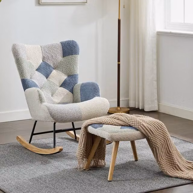 ModernLuxe Blue Fabric Rocking Chair with Integrated Ottoman and Solid Wood Legs – 1