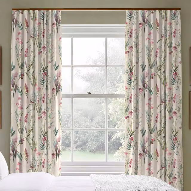 ANTE DECOR Combe Made To Measure Blackout Eyelet Curtains in Dusty Mauve Floral Linen and Cotton Fabric