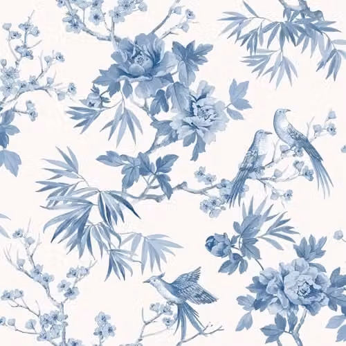 Rasch Amelie Chinoiserie Japanese Oriental Style Floral Wallpaper in Blue, White and Green