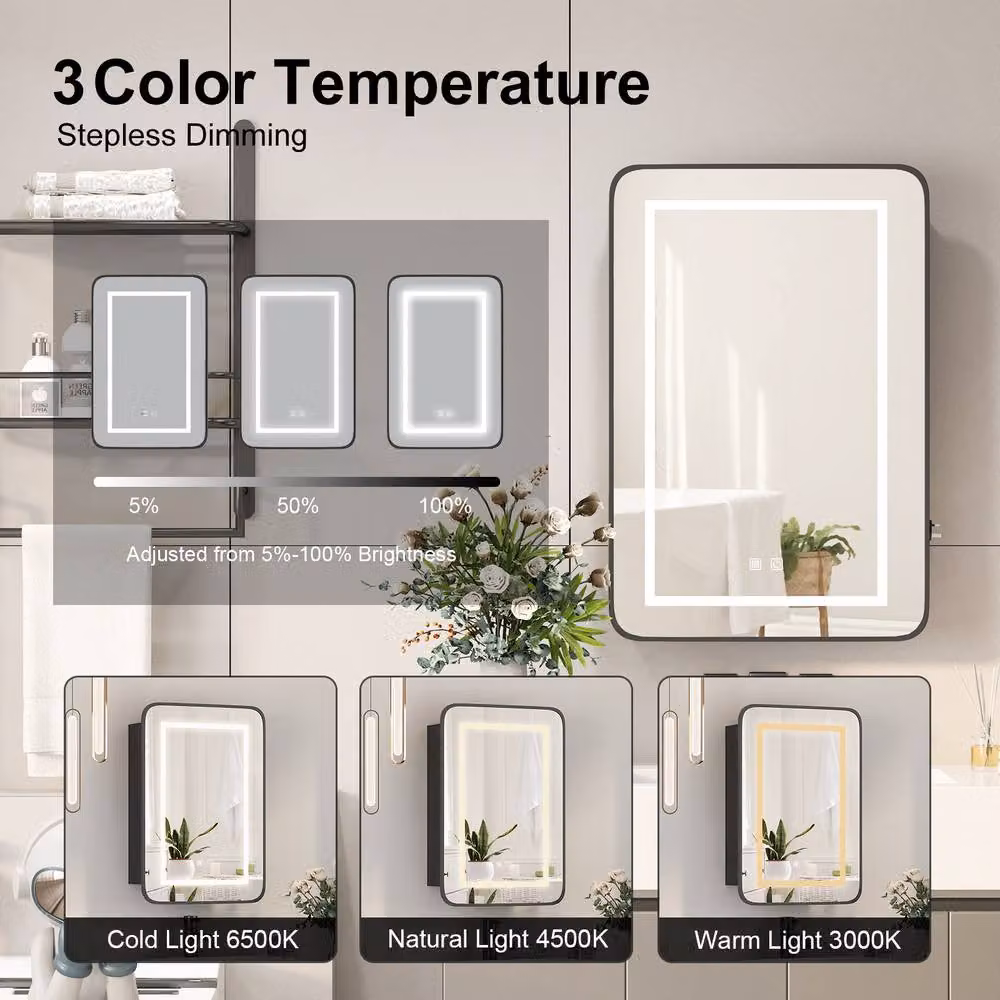 KEEPREAPER Black LED Bathroom Mirror Cabinet with 3-Colour Lighting, Demister and Touch Control, W: 50 cm, H: 76 cm – 3