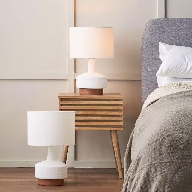 Ruma Elio Set of 2 White and Wood Effect Textured Ceramic Table Lamps