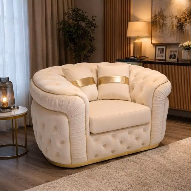 Stratus Interiors Ambassador Chesterfield Sofa in Cream Plush Velvet with Gold Trim
