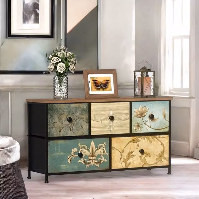 Furnold 5 Fabric Drawer Bedroom Dresser with Floral Patterns in Rustic Brown and Multicolour